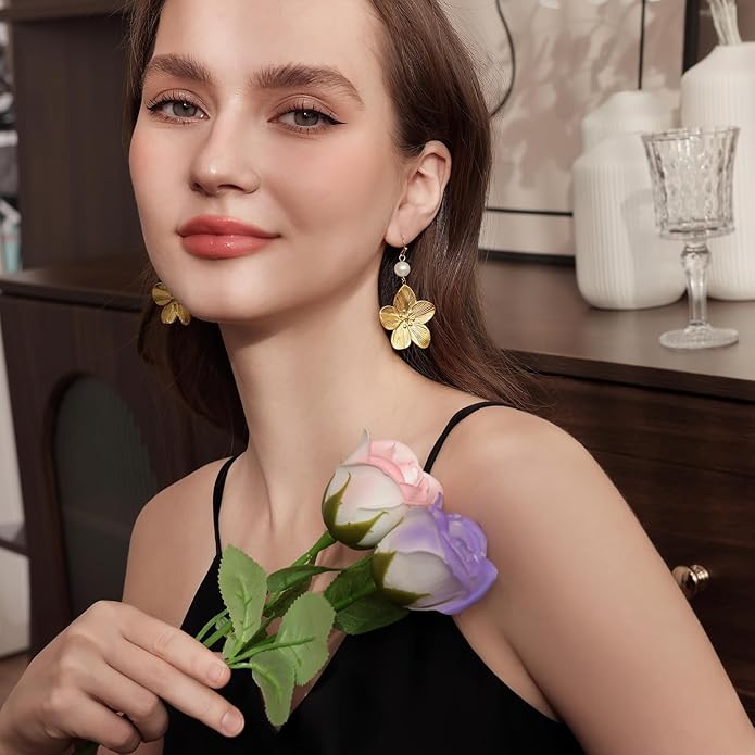 Gold Flower Statement Earrings for Women, Large Chunky Bohomian Summer Beach Floral Earring, Irregular Bold Exaggerated Earrings