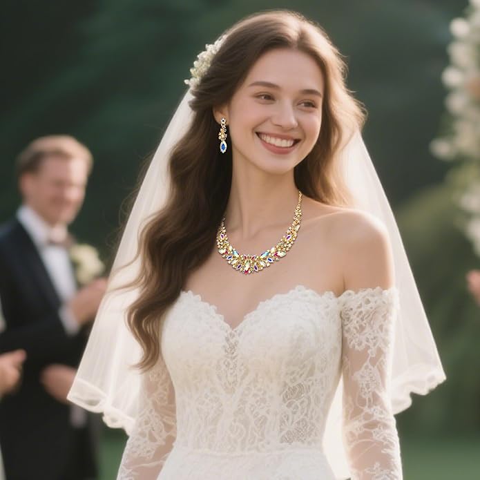 BriLove Women's Wedding Bridal Austrian Crystal Marquise Cluster Collar Necklace Dangle Earrings Set