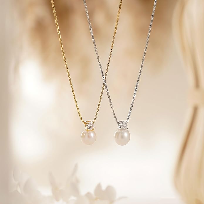 WFYOU Pearl Necklaces for Women Trendy 6MM 8MM 10MM Dainty Round Natural Freshwater Pearl Necklace Silver 14K Gold Plated CZ Pearls Necklaces for Women Birthday Bridesmaid Wedding Gifts Pearl Jewelry