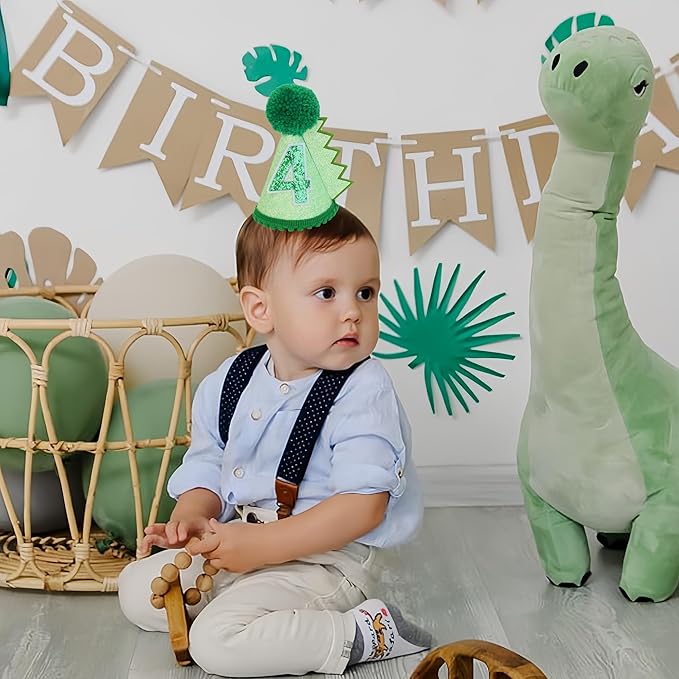 Green Glitter Dinosaur Birthday Cone Hat for 1-5 Years Old Kids Boys Dino Dinousour Birthday Hat Party Decoration