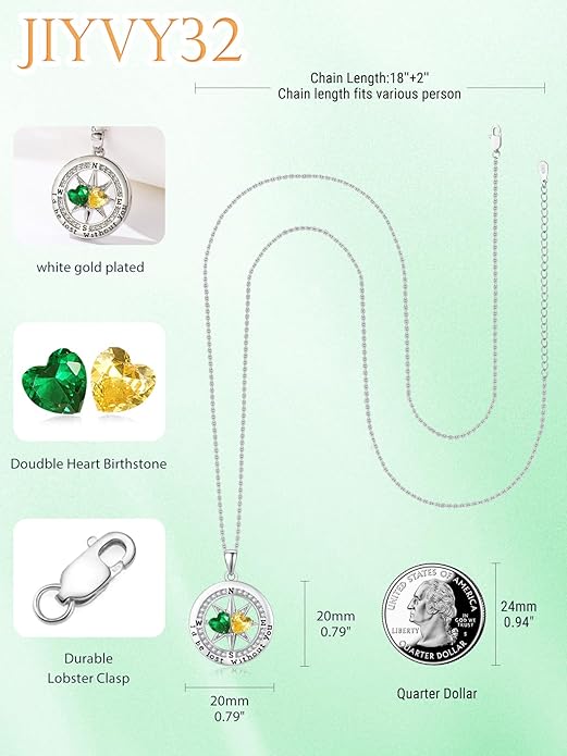 Compass Necklace for Women, Exquisite S925 Valentines Day Anniversary Birthday Gifts for Wife Her Double Birthstone Pendant Jewelry ‘I'd be Lost Without You’