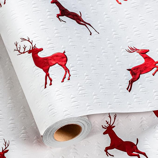 Garbendy Christmas Wrapping Paper Roll- 17 Inch X 32.8 Feet - Embossing 3D Trees Printed in White with Red Foil Reindeer Design for Christmas, Birthday, Baby Shower, Bridal Shower, Party