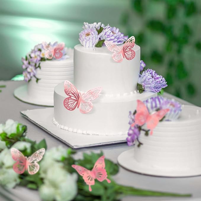 Laser Pink Butterfly Decorations, 48Pcs 2 Styles 3 Sizes Butterflies for Cake Cupcake Toppers, 3D Paper Sticker for Bouquets Birthday Baby Shower Kids Girl Room Wall Nursery Grad Graduation Caps Decor