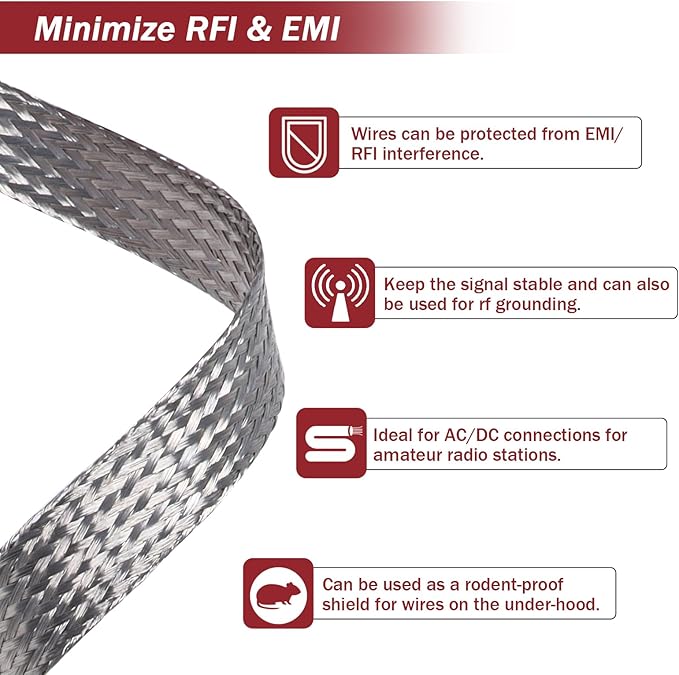 Tinned Copper Metal Braid Sleeving Wire Shielding Sleeve Braided Copper Ground Straps EMI/RFI Interference Expandable Flat Mesh Shielding Cable for Protect Wire (1/2inch-22ft)