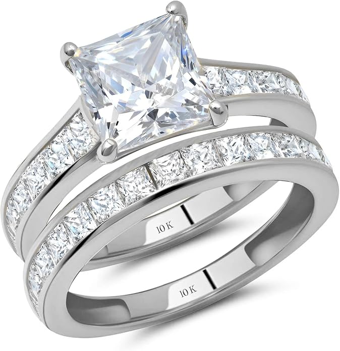 MAX + STONE 10K Gold 3.0 Carat Princess Cut Cubic Zirconia Engagement Ring with Wedding Band Set | CZ Wedding Rings for Women in Size 4.5 to 9 with Gift Box