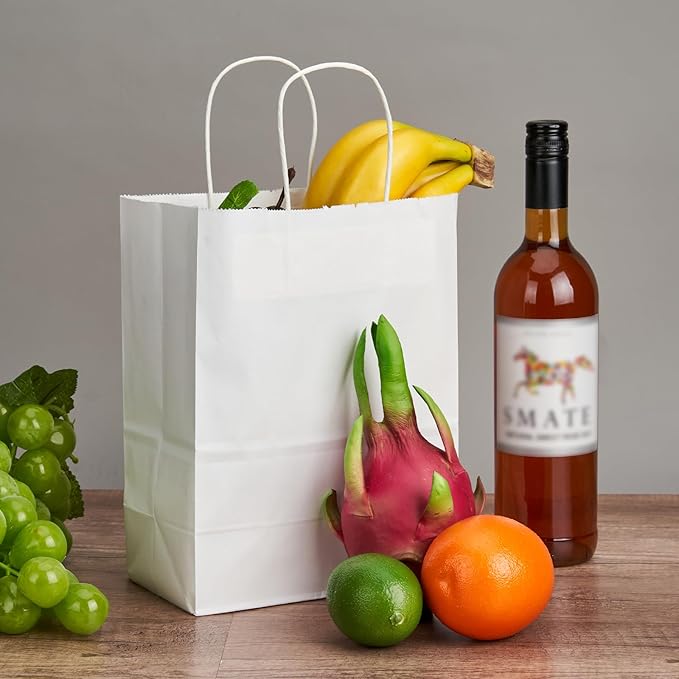 METAPRINT Kraft Paper Gift Bags with Handles in Bulk, 100pcs White Paper Bags 8x4.5x10.8 inch, Recyclable Shopping Bags for Retail, Grocery, Party Favors, Wedding