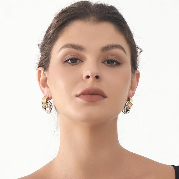 Circle Knot Link Earrings for Women, Silver and Yellow Drop Dangle Geometric Knot Studs, Women's Jewelry L Size