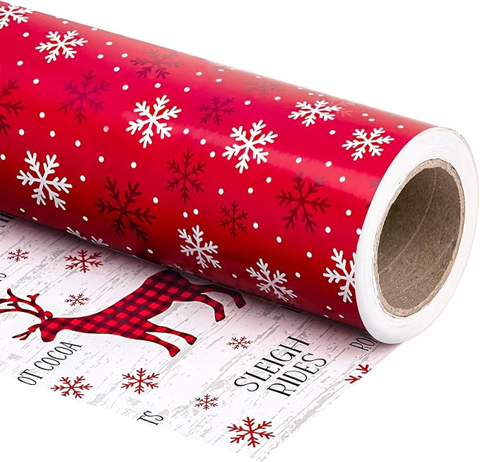WRAPAHOLIC Reversible Christmas Wrapping Paper Roll - Mini Roll - 17 Inch x 33 Feet - Red White Reindeer and Snowflake Wrapping Paper for Christmas, Holiday, Party