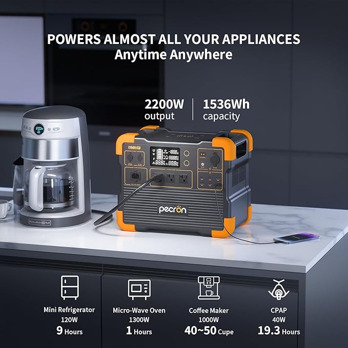 pecron Portable Power Station, E1500LFP Solar Generator 1536Wh, 2200W LiFePO4 Battery Backup, Fast Charging Power Station for Home use, RV, and Outdoor Camping