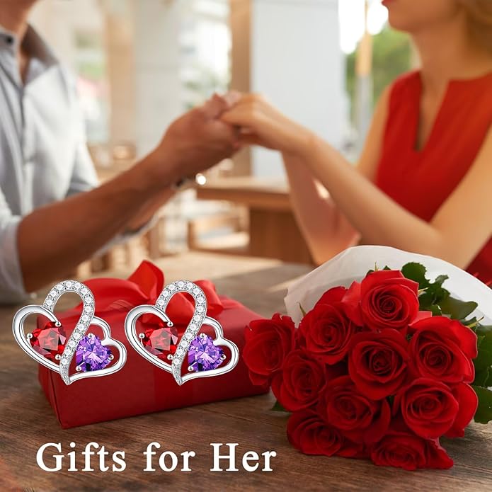 Iefil Valentines Day Gifts for Her - Birthstone Earrings Gift for Women, 925 Sterling Silver Double Heart Birthstone Earrings | Anniversary Birthday Gifts for Women, Personalized Jewelry for Wife Mom