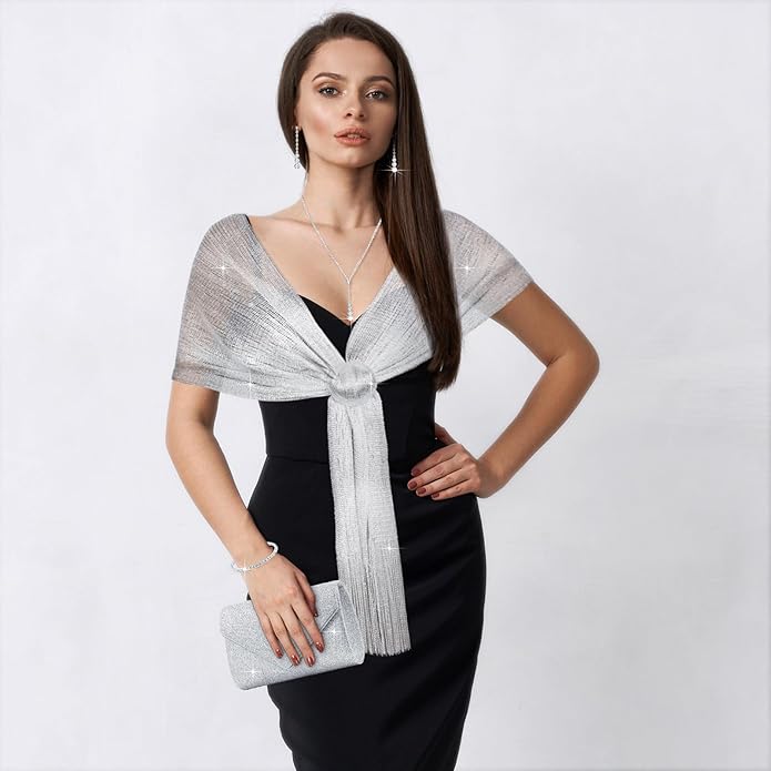 Hicarer 5 Pcs Dressy Jewelry Sets, Silver Shawls and Wraps, Clutch Purse for Homecoming Prom Evening Women Formal