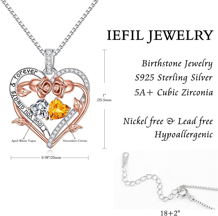 Iefil Valentines Gifts for Her Wife Women - Rose Heart Double Birthstone Necklace Gift for Wife Girlfriend Her Women, Birthstone Jewelry Gemstone Birthday Gifts for Mom Grandma Her