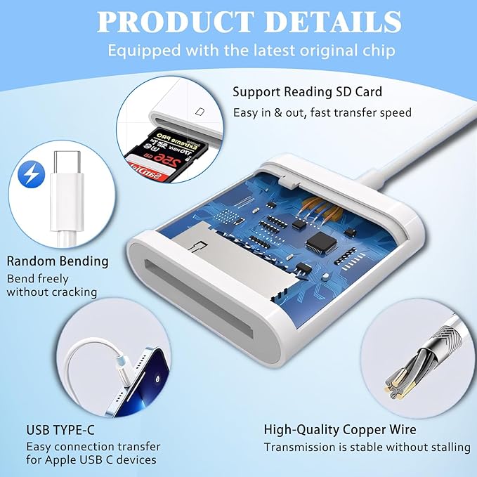 iPhone SD Card Reader USB C, Digital Camera Adapter iPhone 16, Trail Camera SD Card Reader USB C Memory Card Reader for iPhone 16/15/iPad/MacBook/iMac/Galaxy/Android