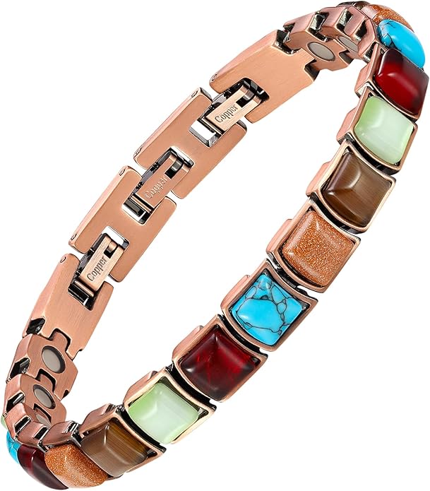 Feraco Pure Copper Bracelets for Women, Ultra Strength Magnetic Bracelet with 3800 Gauss Magnets & Natural Turquoise & Stones, Adjustable, Jewelry Gift