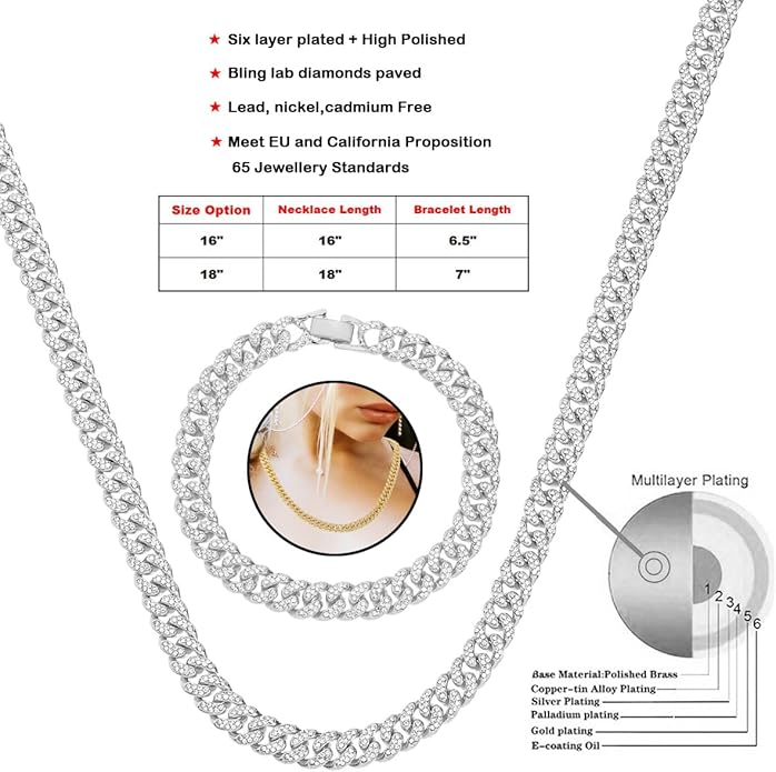 HH BLING EMPIRE 14k Gold/Silver Cuban Link Chain for Women Iced Out Diamond Chunky Cuban Link Necklace Chain Bracelet 2pcs Sets