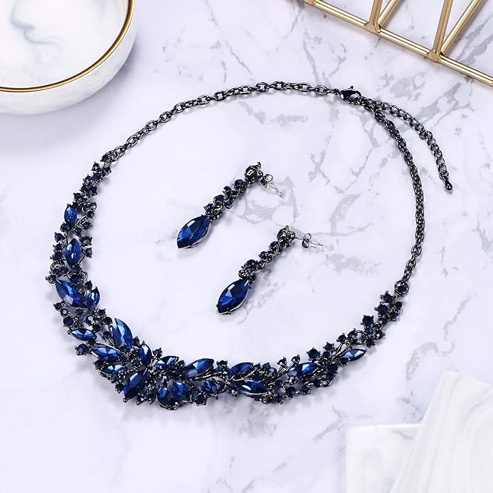 BriLove Women's Wedding Bridal Austrian Crystal Marquise Cluster Collar Necklace Dangle Earrings Set