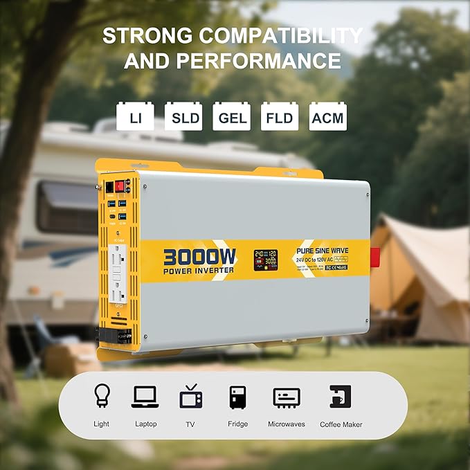 XWJNE 3000W Pure Sine Wave Power Inverter 24V DC to 120V GFCI AC Converter with LCD Display and Remote for Home, RV, Truck, Off-Grid Solar Power