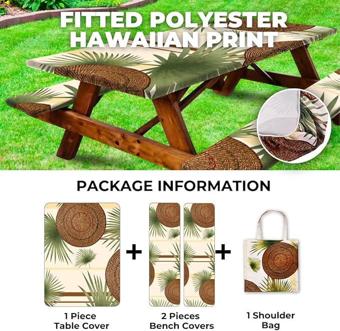 RNOONY 6ft Polyester Picnic Table Cover with Bench Covers Windproof & Waterproof Tablecloth, Perfect for Camping Gifts & RV Essentials, Cool Camping Gadgets with Carrying Bag 72x30 Inches 4Pcs Tree