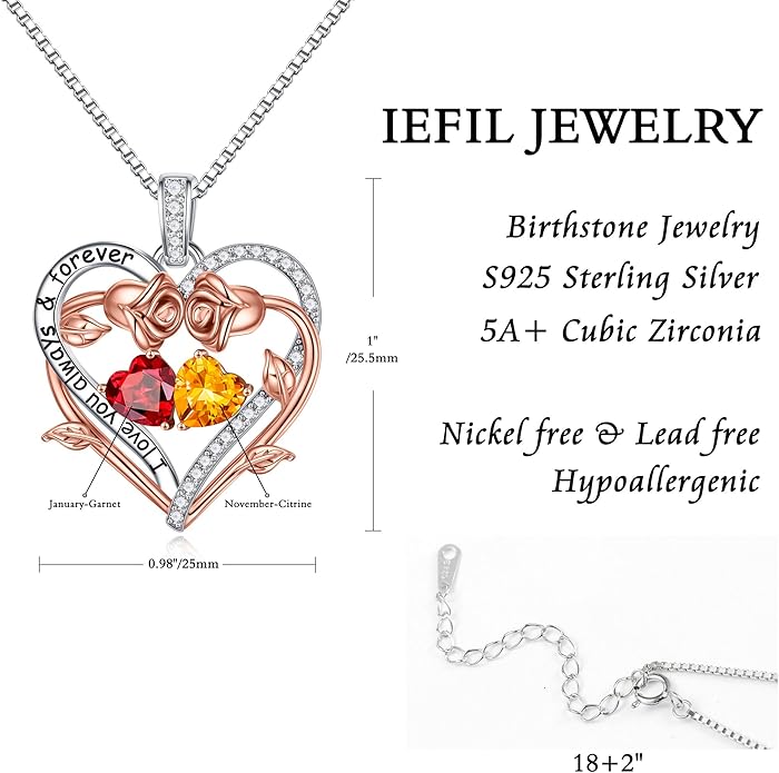 Iefil Valentines Gifts for Her Wife Women - Rose Heart Double Birthstone Necklace Gift for Wife Girlfriend Her Women, Birthstone Jewelry Gemstone Birthday Gifts for Mom Grandma Her