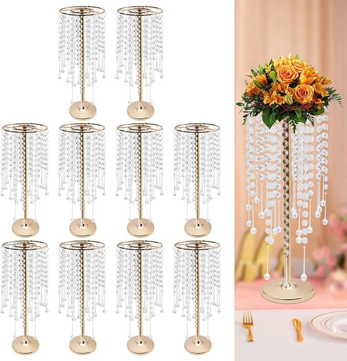 Wedding Centerpieces Gold Vases,10PCS Metal Flower Candle Holder with Sparkling Crystal Beads,Crystal Flower Vase Metal Flowers Stand for Party Tables Decorations (10pcs Gold-2)