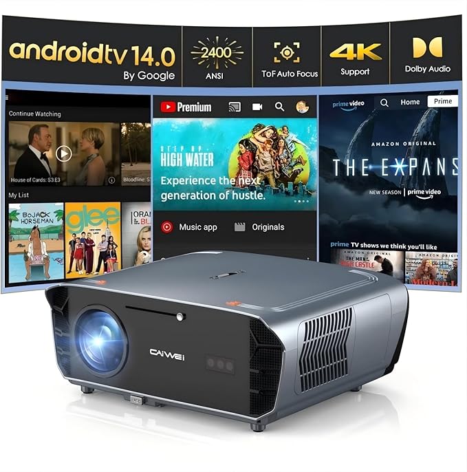 Smart 4K Projector with Certified Apps,Google TV,WIFI6&Bluetooth,2400ANSI Lumen Ultra HD Daytime Projector,ToF Auto Focus,Dolby Audio,HDR10,NFC,HDMI ARC,1.26 Throw Ratio for Home Theater Outdoor Movie
