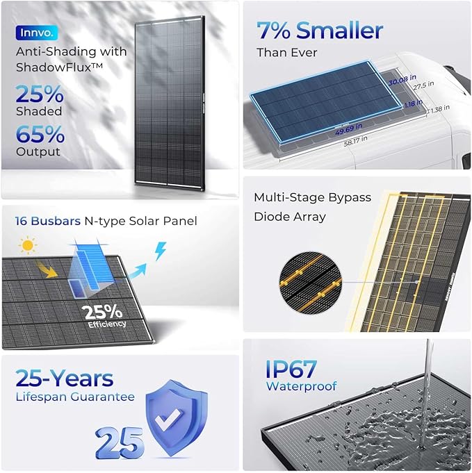 200 Watt Solar Panel, Renogy ShadowFlux 200W Solar Panel Anti-Shading N-Type 16BB, 25% High-Efficiency, Solar Panels Charger for RV Marine Roof Farm Battery and Off-Grid Applications