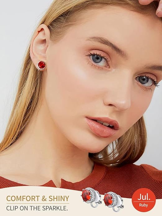 FindChic Sparkling Birthstone Clip On Earrings for Women, Silver Plated Stud Earrings 8MM Cubic Zirconia Non Pierced Studs, 12 Months Birthday Jewelry Gift