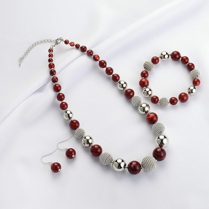 PEARL&CLUB Beaded Chunky Statement Necklace Earring and Bracelet Set Silver Metal Bead Fashion Jewelry Set Mothers’ Day Gifts for Women