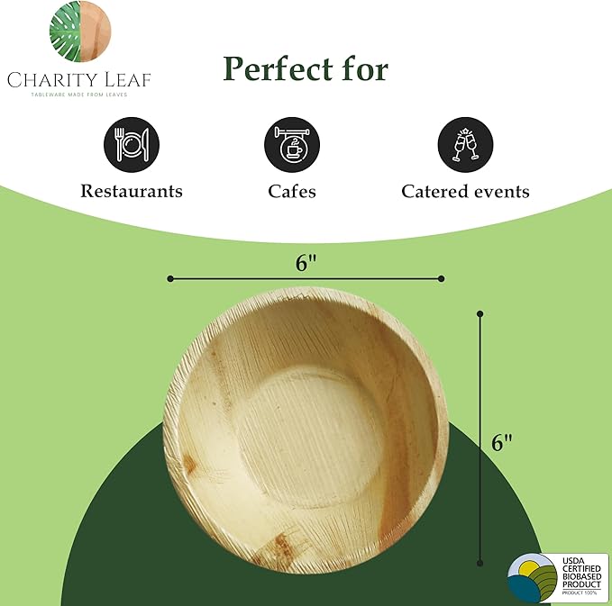 Charity Leaf Disposable Palm Leaf 6" Round Bowl (50 pcs) Dipping Bowls | Bamboo Like| All Natural and Biodegradable | Charcuterie Boards, BBQs, and Parties