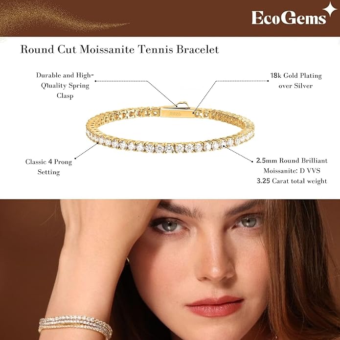 EcoGems Moissanite Tennis Bracelet for Women and Men – 18K White or Yellow Gold Plated Sterling Silver – Lab Grown D Color VVS Clarity Stones – Elegant Gift Box Included