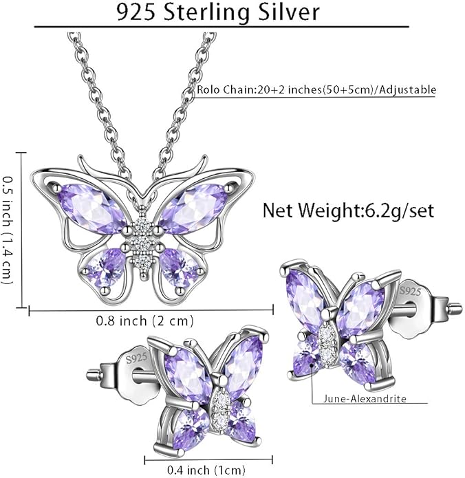 925 Sterling Silver Birthstone Butterfly Jewelry Women Crystal Animal Cute Butterflies Birthday Necklace/Earring/Ring/Bracelet Sets Birth Stone Statement Anniversary Jewellery