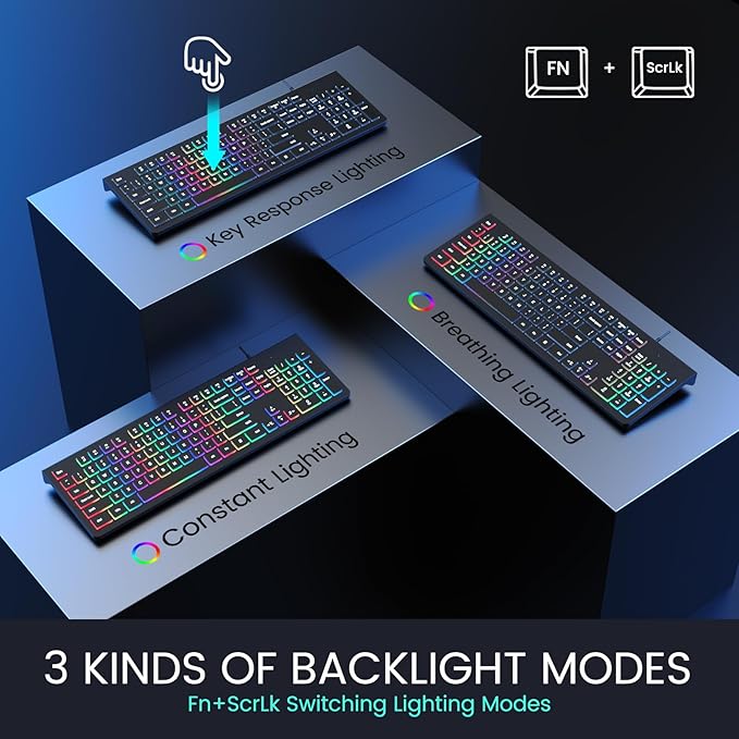 Wired Backlit Keyboard, Lighted Computer Keyboard with 8° Adjustable Stand, Ergonomic Design, Spill-Proof Keys, 5ft Cable, Compatible with Windows & Mac