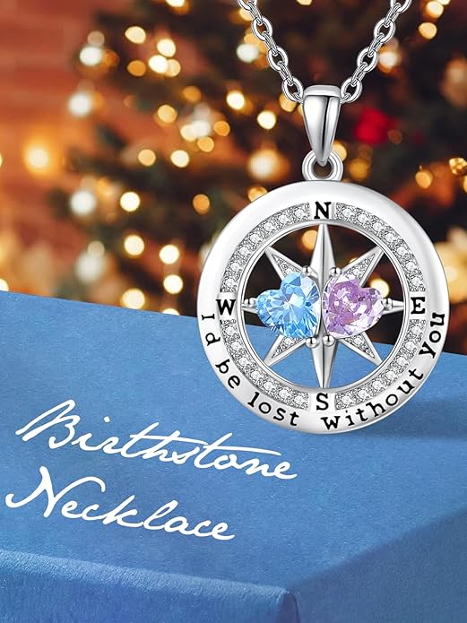 Compass Necklace for Women, Exquisite S925 Valentines Day Anniversary Birthday Gifts for Wife Her Double Birthstone Pendant Jewelry ‘I'd be Lost Without You’