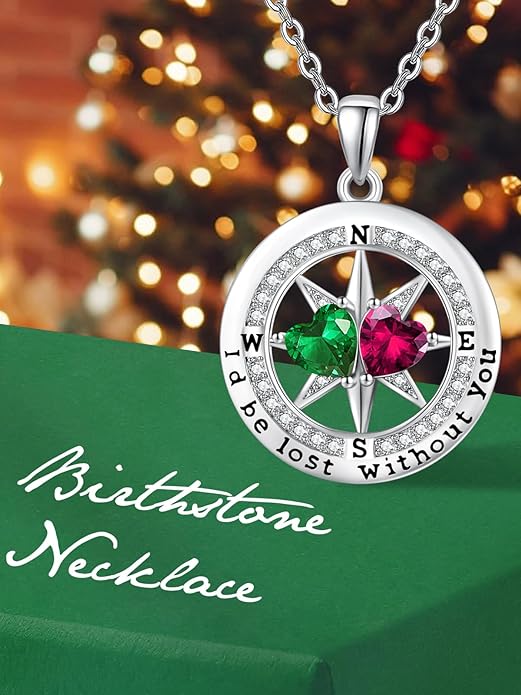 Compass Necklace for Women, Exquisite S925 Valentines Day Anniversary Birthday Gifts for Wife Her Double Birthstone Pendant Jewelry ‘I'd be Lost Without You’