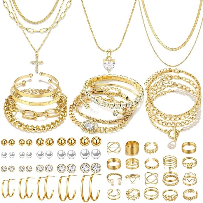 57pcs Gold Jewelry Set With 3 PCS Necklace, 12 PCS Bracelet,20pcs Hoop Stud Earrings,22pcs rings set For Women For Birthday Gifts