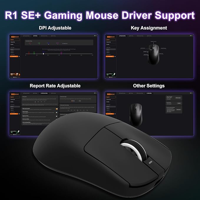 R1 SE+ Gaming Mouse, 18000 DPI, High-Precision PAW3395 SE Sensor,55g Lightweight,Three Connection Modes Wireless Mouse, Programmable Ergonomic Mouse Suitable for Laptops/PC/Mac (Black)