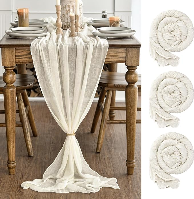 Artoid Mode Boho Beige Gauze 3 Pieces Wedding Table Runner, 120 Inch Birthday Fabric Kitchen Dining Holiday Table Decor for Home Party Indoor