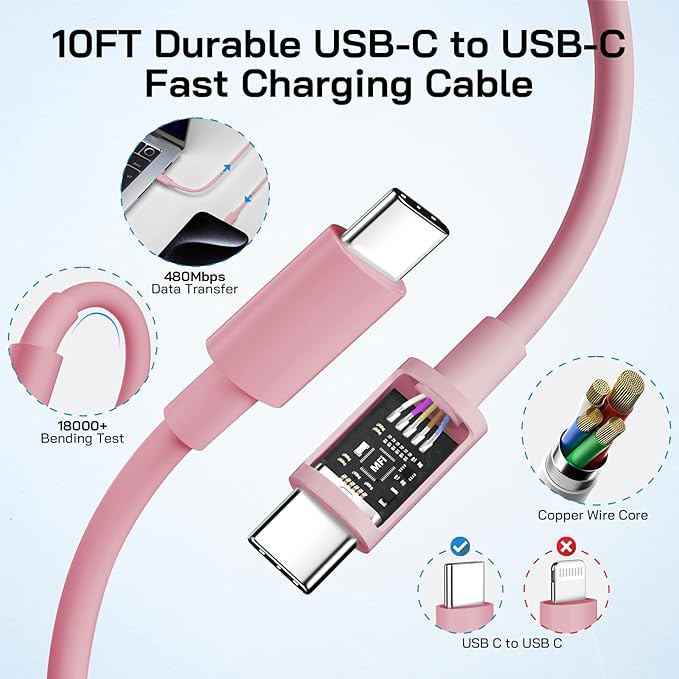 30W USB C i Phone 16 15 Charger Fast Charging, 2PACK Wall Charger for iPhone 16 15 Pro Max Charger Cord 10FT Fast Type C Charger Block for iPhone 16/16 Pro/15 Plus/15 Pro/15 Pro Max, iPad Pro, Pink