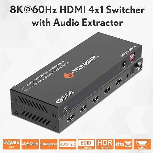 8K HDMI Switch 4 in 1 Out, 8K@60Hz 4K@120Hz 1080P@240Hz with Audio Extraction, HDMI to Optical & Analog 3.5mm, HDR HDCP2.3 EDID Control (JTECH-8KSW41AE)