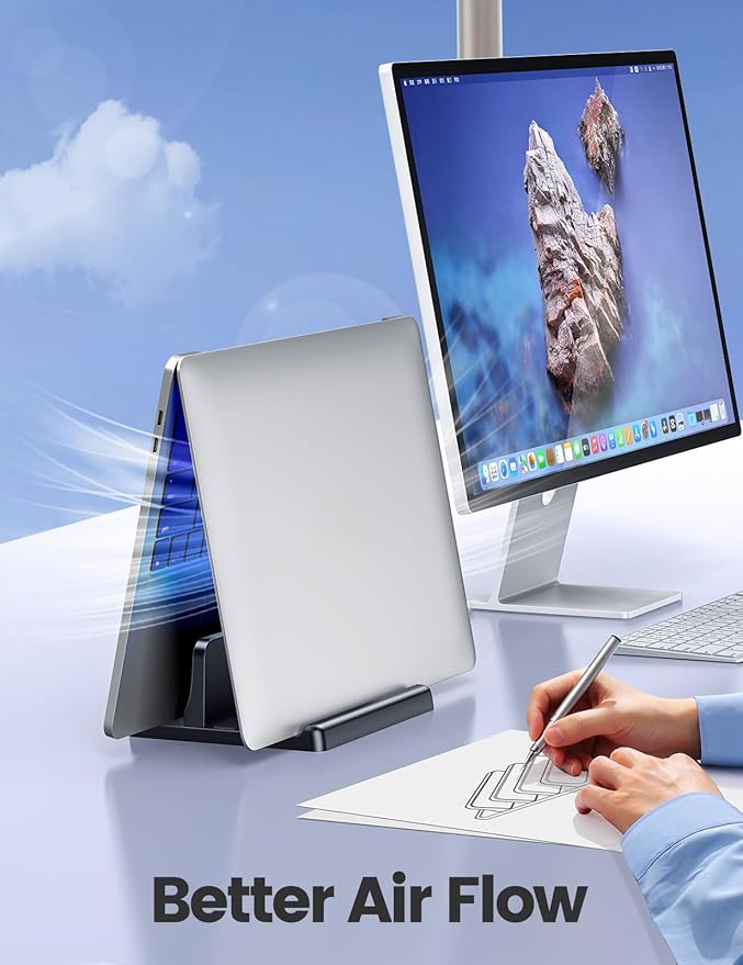 Vaydeer Vertical Laptop Stand Holder Plastic Adjustable Desktop Notebook Dock Space-Saving 3 in 1 for All MacBook Pro Air, Mac, HP, Dell, Microsoft Surface, Lenovo, up to 17.3 inches (Black)