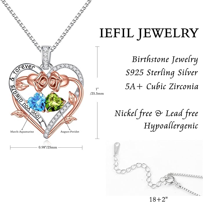 Iefil Valentines Gifts for Her Wife Women - Rose Heart Double Birthstone Necklace Gift for Wife Girlfriend Her Women, Birthstone Jewelry Gemstone Birthday Gifts for Mom Grandma Her