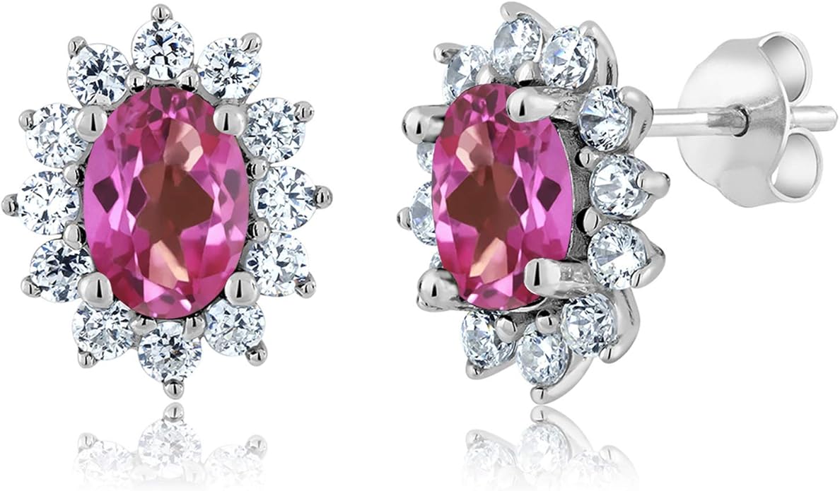 Gem Stone King 7X5MM Oval Gemstone Birthstone Stud Earrings For Women | Princess Diana Royal Halo Style | 925 Sterling Silver | Fine Jewelry Gifts for Anniversary Wedding Her Mom Women Wife