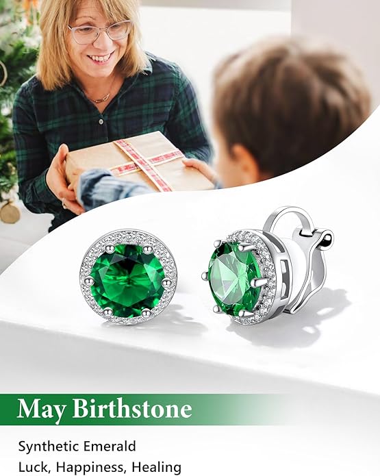 Silvora 925 Silver 8MM Cubic Zirconia Birthstone Clip On Stud Earrings Round Non Pierced Earrings For Women,Come with Box