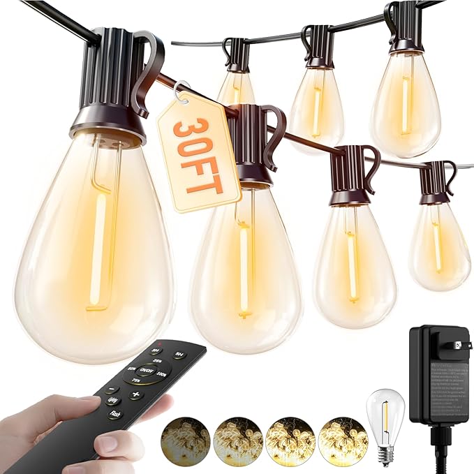 luckystyle 30FT LED Outdoor String Lights with Remote, 10+ 1 Shatterproof Bulbs Waterproof and Dimmable Patio Lights for Porch, Garden, Backyard, Deck, Balcony, 2200K Hanging Lighting