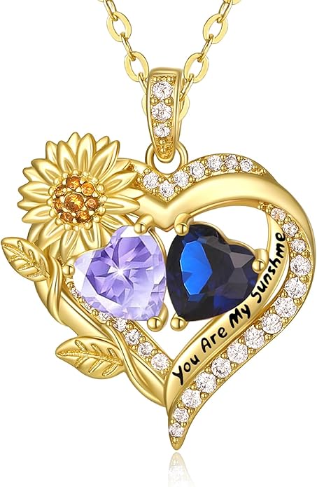 Sunflower Heart Necklace for Women 14K Gold Exquisite Valentines Day Anniversary Birthday Gifts for Wife Mother Her Double Birthstone Pendant Jewelry‘You Are My Sunshine’
