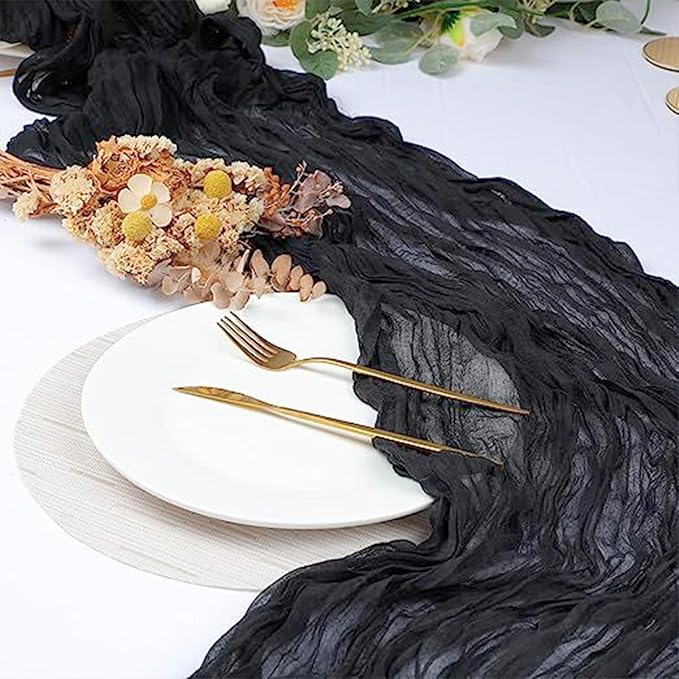 12 Pack Black Table Runner Cheesecloth 10FT Boho Gauze Fabric Table Runner 35 x 120 Inch Rustic Sheer for Centerpiece Wedding Decor Baby Shower Party Boho Decoration(Black)