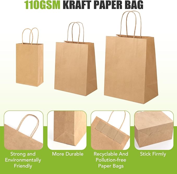 XPCARE 100PCS Brown Paper Bags with Handles, Three Different Sizes of Bulk Brown Gift Bags 5.25x3.25x8.25 & 8x4.5x10 & 10x5x13 Inch Grocery Retail Kraft Paper Bags for Party Birthday Shopping Takeaway