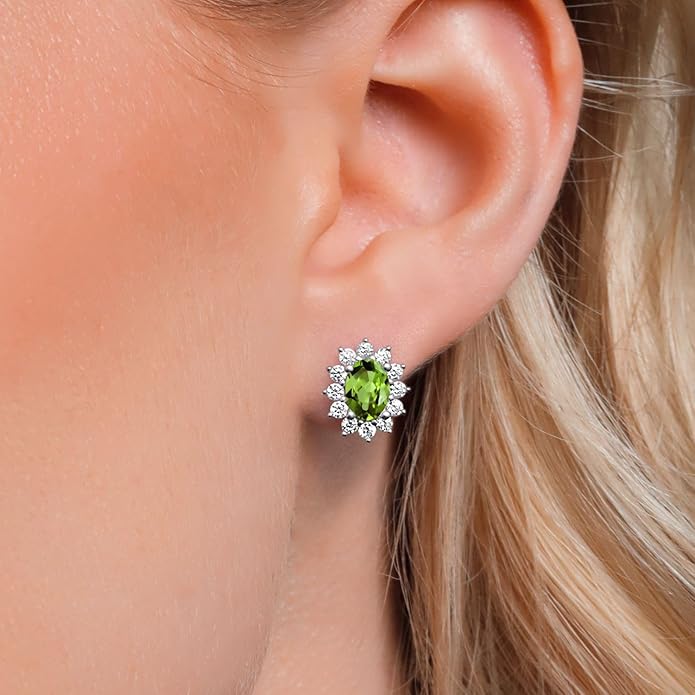 Gem Stone King 7X5MM Oval Gemstone Birthstone Stud Earrings For Women | Princess Diana Royal Halo Style | 925 Sterling Silver | Fine Jewelry Gifts for Anniversary Wedding Her Mom Women Wife