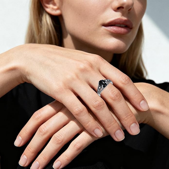 925 Sterling Silver Oxidized Black Onyx Rings for Women - Round & Heart 9mm Onyx Vintage Retro Design, Ideal for Daily Wear