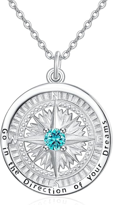 KINGWHYTE Graduation Gifts Birthstone Necklace for Women 925 Sterling Silver Compass Pendant Go in the Direction of your Dream Travel Jewelry Birthday Gift for Her